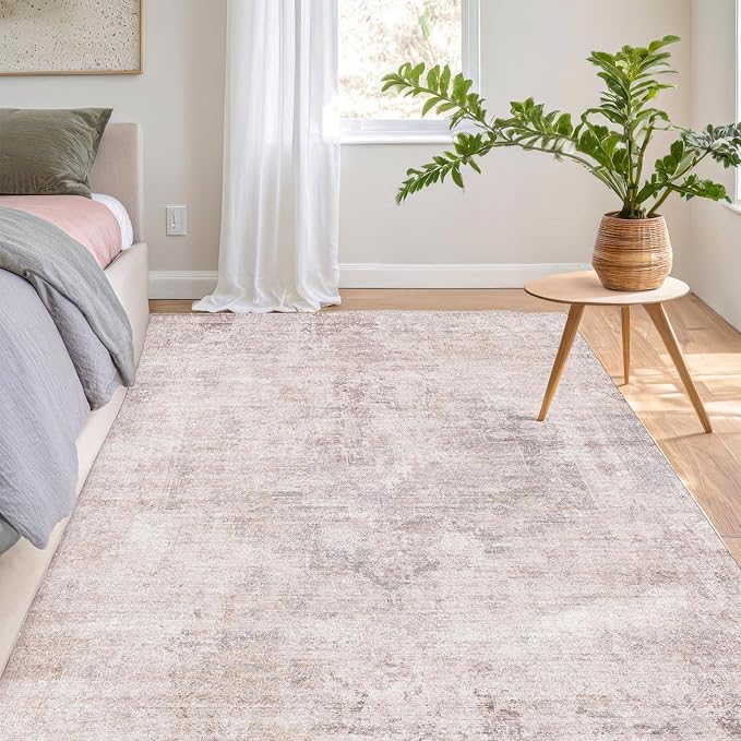 Modern Washable Bedroom Area Rug 5x8, Abstract Rugs for Living Room, Dining Room, Kids Room Girls, Pink and Grey Distressed Medallion Pattern, Non Slip Low Pile Stain Resistent