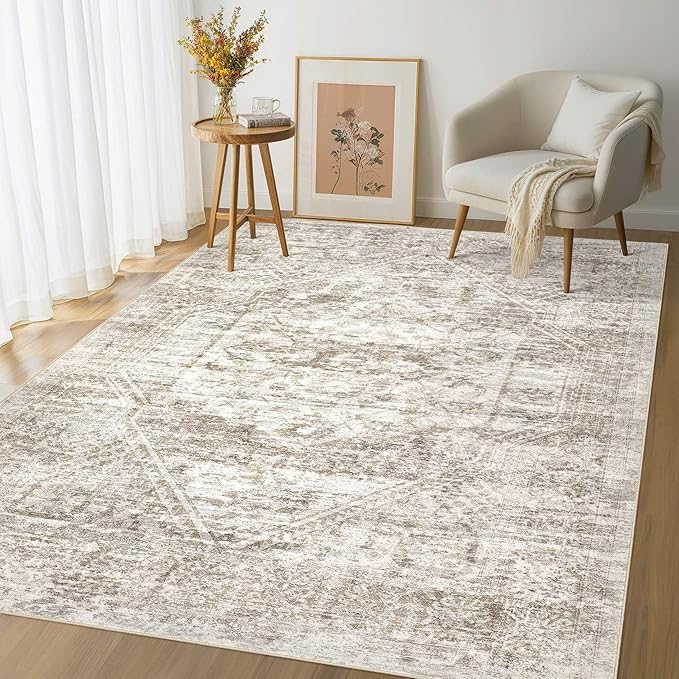 Vintage Living Room Area Rug 8x10 - Large Soft Washable Oriental Traditional Distressed Farmhouse Rugs for Bedroom - Indoor Floor Accent Carpet for Home Office House Decor - Distressed Light Brown