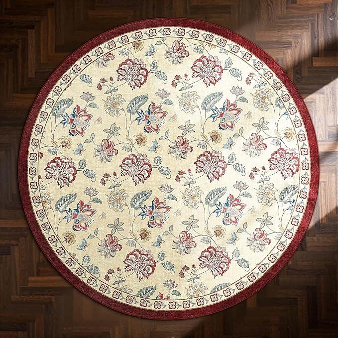 jinchan Elora 7ft Floral Round Rug for Washable Living Room Rug Vintage Romance Christmas Design Non Slip Indoor Floor Cover Lightweight Low-Profile Throw Carpet for Bedroom Porch, Red/Beige