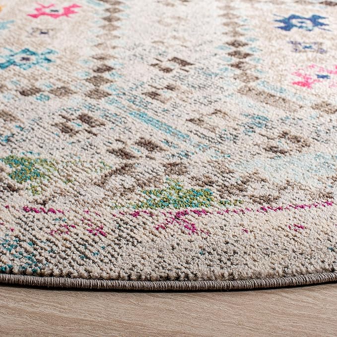 SAFAVIEH Madison Collection 3' Round Grey / Yellow MAD418F Boho Diamond Distressed Non-Shedding Dining Room Entryway Foyer Living Room Bedroom Area Rug
