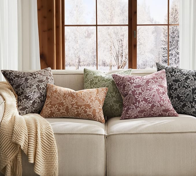 Floral Jacquard Throw Pillow Covers Set of 2, Background/Burgundy 16x16 Inch, Farmhouse Decorative Cotton Burgundy Cushion Covers for Sofa Bed Living Room Home Decor