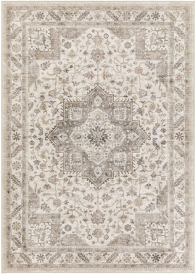 Vintage Living Room Area Rug 7x9 - Large Soft Washable Oriental Traditional Distressed Farmhouse Rugs for Bedroom - Indoor Floor Accent Carpet for Home Office House Decor - Light Brown