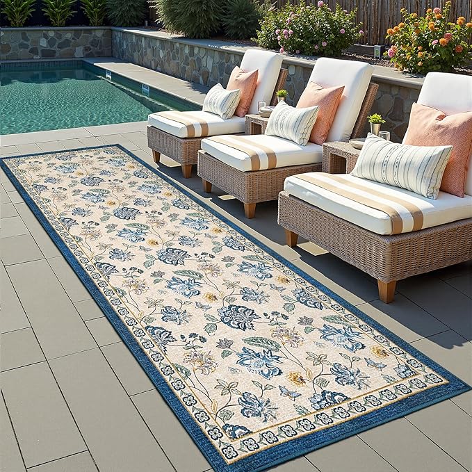 jinchan Elora 3x8 Floral Runner Rug for Hallway Washable Kitchen Runner Vintage Romance Design Non Slip Thin Indoor Floor Cover Low-Profile Throw Carpet for Entryway Bathroom Bedroom Porch, Blue/Beige