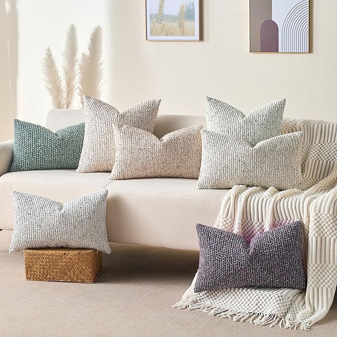 Decorative Couch Throw Pillow Covers 18x18 Set of 2 Beige Striped Soft Wool Pillow Covers Neutral Textured Boho Cushion Covers for Modern Farmhouse Sofa Bedroom Living Room Decor SY012-A18