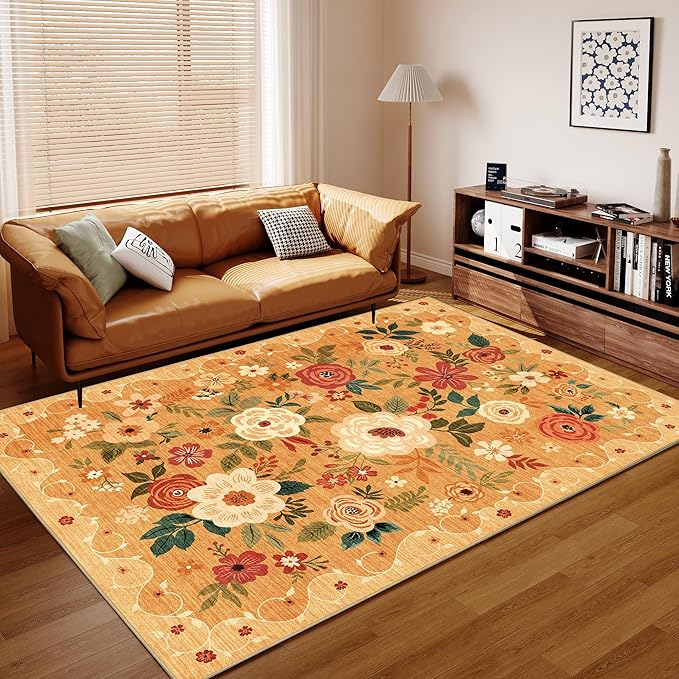 DUKINO 5x7 Area Rug, Floral Rugs for Living Room, Lightweight Non Slip Washable Rug, Indoor Low Pile & Non-Shedding Boho Design Rugs for Bedroom, Living Room, Dining Room, Orange