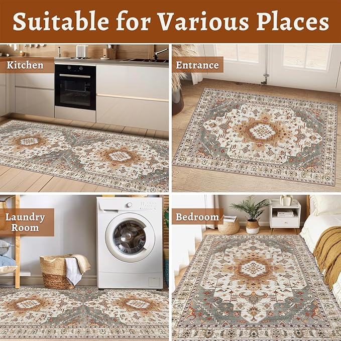 Tangsoo 2.6x8 Washable Runner Rug for Hallways, Non Slip Vintage Runner, Soft Low Pile Long Rug Runner, Print Distressed Turmeric Carpet Runners for Kitchen Bedroom Entryway Bathroom Living Room