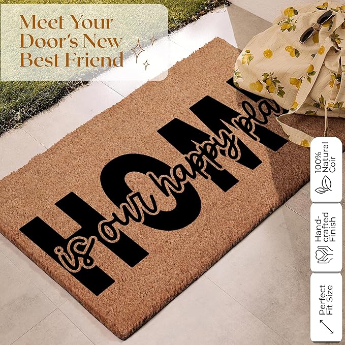 Coir Door Mats 17" X 30", Non-Slip Sturdy, PVC Backed Heavy Duty, Easy to Clean, Ideal for Door Entrance, Patio, Porch, Backyard, Garages, Home is Our Happy Place