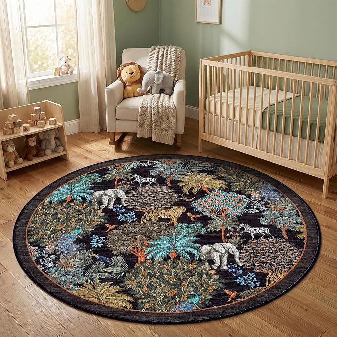 GarveeHome Jungle Round Washable Rugs 6ft Non-Slip Soft Round Rug - Image 8