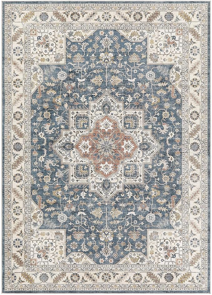 Vintage Living Room Area Rug 5x7 - Large Soft Washable Oriental Traditional Distressed Farmhouse Rugs for Bedroom - Indoor Floor Accent Carpet for Home Office House Decor - Vintage Blue
