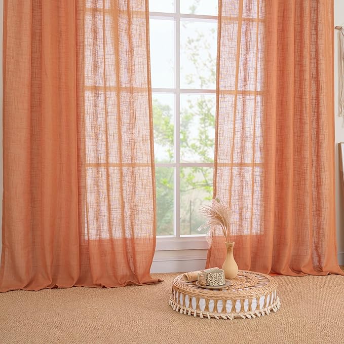 LAMIT 95 Inches Long Linen Curtains for Living Room, Back Tab and Rod Pocket Semi Sheer Curtains Light Filtering Farmhouse Drapes for Bedroom/Dining Room, Burnt Orange, Set of 2, 52 x 95 Inch