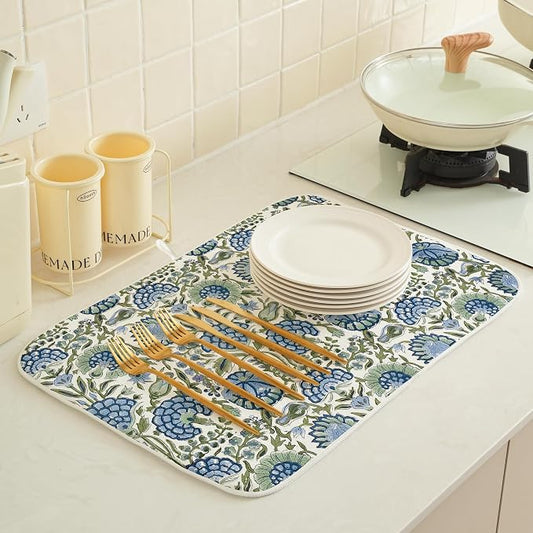Blue Sage Green Floral Dish Drying Mats 18x24 Inch Sage Green Block Print - Image 2