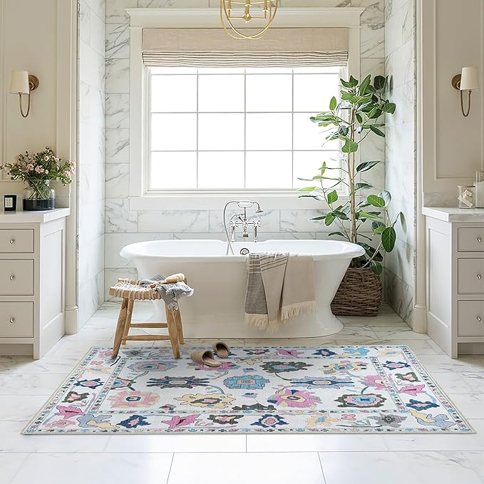 Fame Living Colorful Oushak Rug, Modern, Vintage, Turkish, Eclectic, Floral, Pastel, Washable, Extra Large Area Rugs for Living Room, Dining, Bedroom, Lounge, 9'x12'