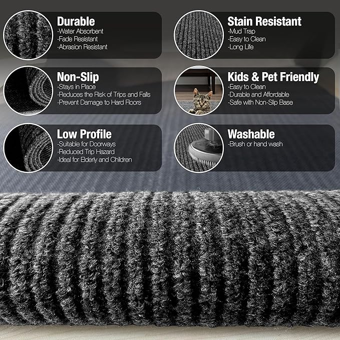 sigun Modern Non-Slip Hallway Runner Rug – Washable, Stain-Resistant & Custom Size – Durable Indoor/Outdoor Carpet for Entryway, Kitchen, Porch, Balcony, Patio & Garage – High-Traffic | Black - 2 x 10