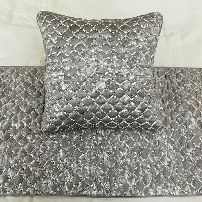 The HomeCentric King/Queen/Twin Grey & Silver Designer Twin 53"x18" Bed Runner with Pillow Cover, Quilted, Foil & Trellis Bed Scarf on Silk Fabric - Jumanah