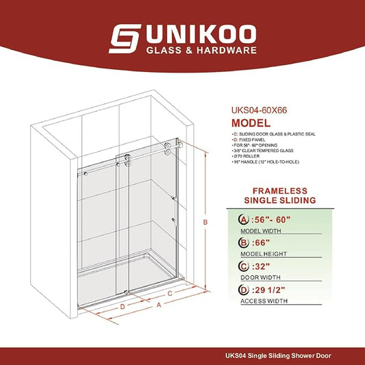 56-60 Inch x 66 Inch Sliding Frameless Bathtub Door, 3/8" Tempered Glass - Image 2