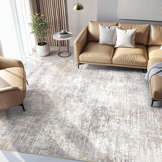 Abstract Living Room Rug 10x12 - Modern Washable Soft Thin Area Rug for Living Room Bedroom Under Dining Table - Neutral Indoor Floor Rug Carpets for Home Office Playroom Nursery - Brown Gold
