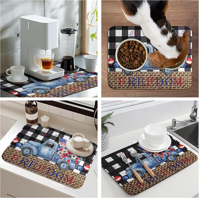 4th of July Buffalo Plaid Dish Drying Mat Patriotic Large Kitchen Mat Dish - Image 7