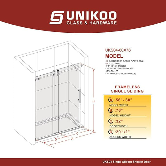 56-60 Inch x 76 Inch Sliding Frameless Shower Door, 3/8" Tempered Glass - Image 2