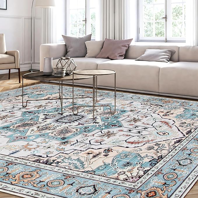 WILLSUN Washable Area Rugs, 8x10 Non-Slip Boho Large Area Rugs for Living Room, Bedroom, Machine Washable Vintage Rug, Indoor Floral Print Carpet for Home Decor, Kid & Pet Friendly Mat