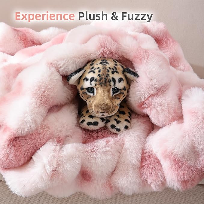Smoofy Faux Fur Throw Blanket for Couch Rabbit Fleece - Tie-dye Pink Fluffy Blanket for Sofa Bedroom Living Room, Cozy Soft Plush Luxury Thick Winter Fuzzy Comfy Bubble Blanket - 50" x 60"