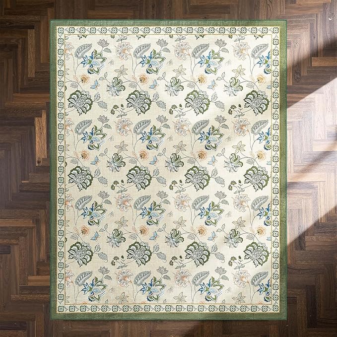 jinchan Elora 8x10 Floral Rug for Living Room Washable Bedroom Rug Vintage Romance Christmas Design Non Slip Thin Indoor Floor Cover Large Low-Profile Throw Carpet for Dining Room Office, Green/Beige