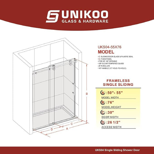 50-55 Inch x 76 Inch Sliding Frameless Shower Door, 3/8" Tempered Glass - Image 2