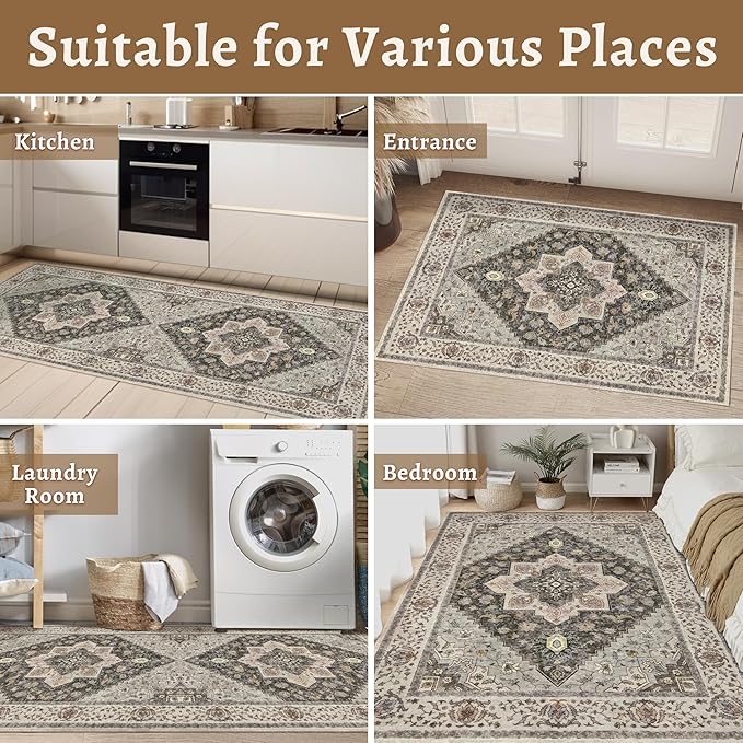 Tangsoo 2x10 Washable Runner Rug for Hallways, Non Slip Vintage Runner Rug, Soft Low Pile Long Runner, Print Distressed Grey Carpet Runners for Kitchen Bedroom Entryway Bathroom Living Room