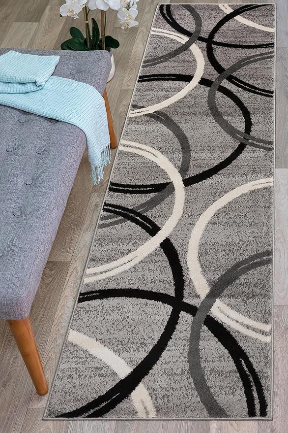 Rugshop Wavy Circles Design Runner Rug, Non-Shedding Carpet for Hallway or Entryway, Gray, 2' x 7'2"