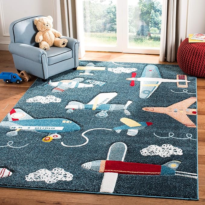 SAFAVIEH Carousel Kids Collection Area Rug - 3' Square, Navy & Ivory, Non-Shedding & Easy Care, Ideal for High Traffic Areas for Boys & Girls in Playroom, Nursery, Bedroom (CRK167N)