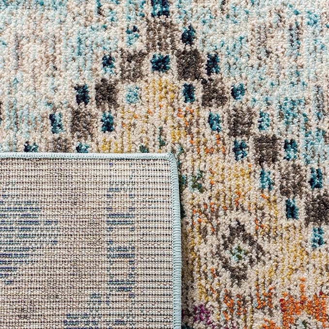 SAFAVIEH Madison Collection Area Rug - 6'7" Square, Blue & Yellow, Boho Diamond Distressed Design, Non-Shedding & Easy Care, Ideal for High Traffic Areas in Living Room, Bedroom (MAD418K)