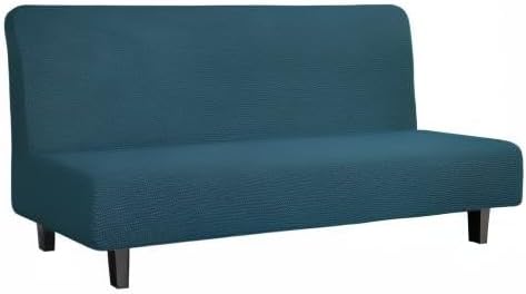 Easy-Going Stretch Futon Slipcover Armless Futon Bed Cover Furniture Protector Without Armrests with Elastic Bottom for Kids, Soft Jacquard Fabric Small Checks (Large, Deep Teal)