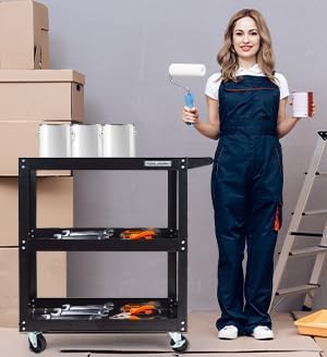 Utility Service Cart, 3 Shelf 200LBS Heavy Duty Steel Rolling Utility Cart - Image 7