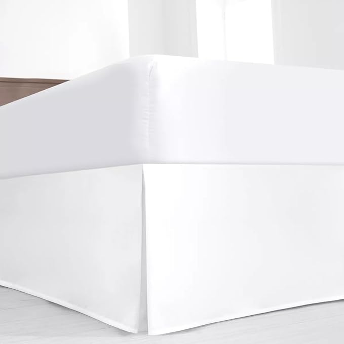SKY BEDDINGS Luxury Pleated Queen Bed Skirt with Split Corners - 18 Inch Tailored Drop - Pleated Dust Ruffle - Wrinkle-Free 100% Microfiber - Easy Fit, Soft & Durable - White