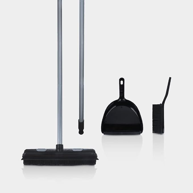 Rubber Bristle Broom and Rubber Squeegee Snap on Dustpan Set by Organizeme