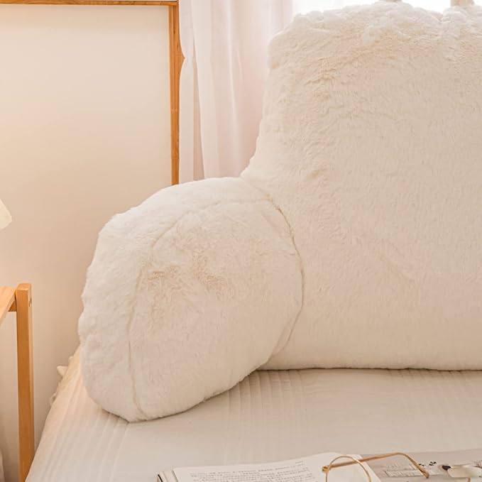 NTBED Faux Fur Reading Pillow Large Adult Teens Back Rest Pillow with Arms, Bedrest Pillow for Sitting Up in Bed (Ivory,Large)