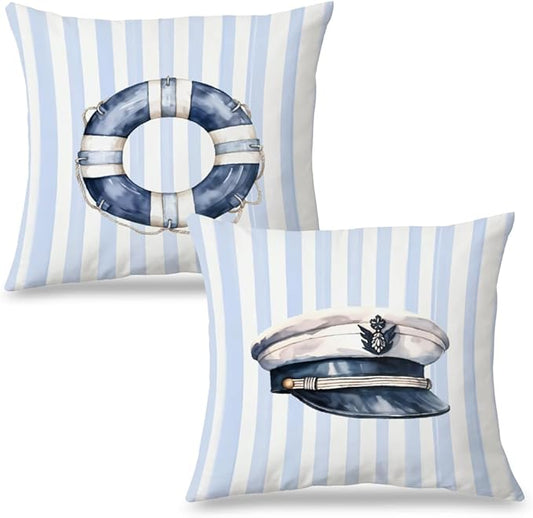 Blue Coastal Nautical Pillow Covers 18x18 Set of 2, Watercolor Lifebuoy Captain Hat Preppy Blue Striped Throw Pillow Covers for Boys Bedroom Beach House Home, Preppy Beach Room Decor