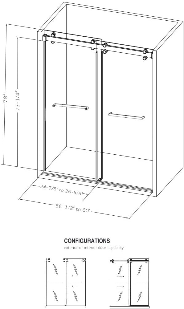 Monaco 56.5-60" W x 78" H 3/8" Twinglide Frameless Shower Door - Image 5