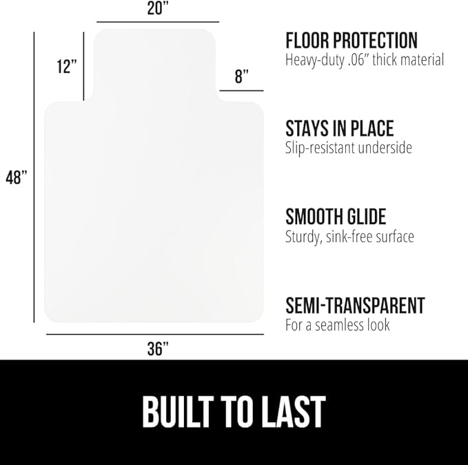 GORILLA GRIP Slip Resistant Office Chair Mat for Hardwood Floors, 36x48 Lip Smooth Glide Under Desk Hard Wood Floor Protector, Stay in Place Plastic Computer Mats for Rolling Office Chairs, Clear