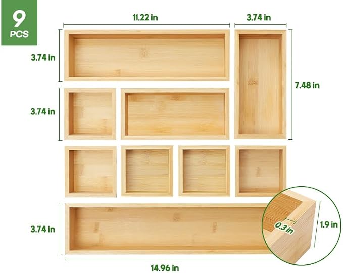 Bamboo Drawer Organizer Set, Junk Drawer Divider and Storage Trays Containers - Image 7