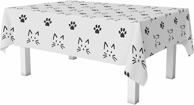 Cat Faces and Paws Rectangular Tablecloth Cartoon Cute Footprint 52x70 Table - Image 6