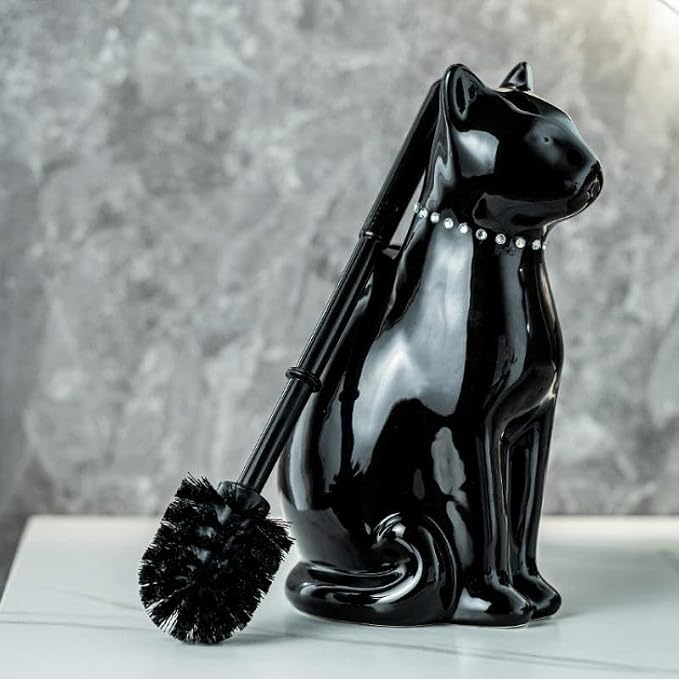 Comeon Ceramic Cat White/Black Toilet Brush and Holder Set, Plastic Handled - Image 7