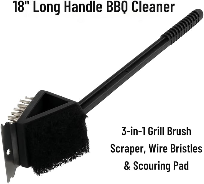 3-in-1 Grill Brush with Scraper, Wire Bristles & Scouring Pad – 18” BBQ Cleaner - Image 7