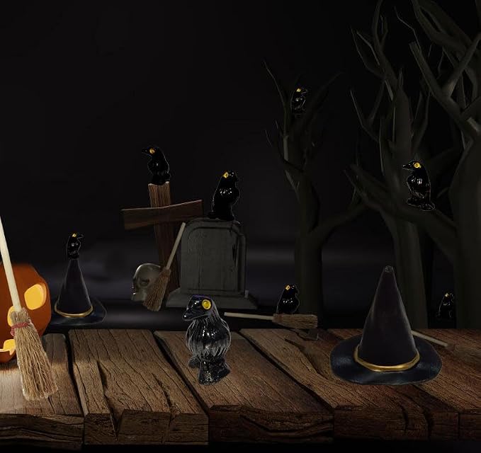 36 Pcs Mini Witch Hats Small Straw Brooms and Miniature Resin Crows Tiny Witch - Image 4