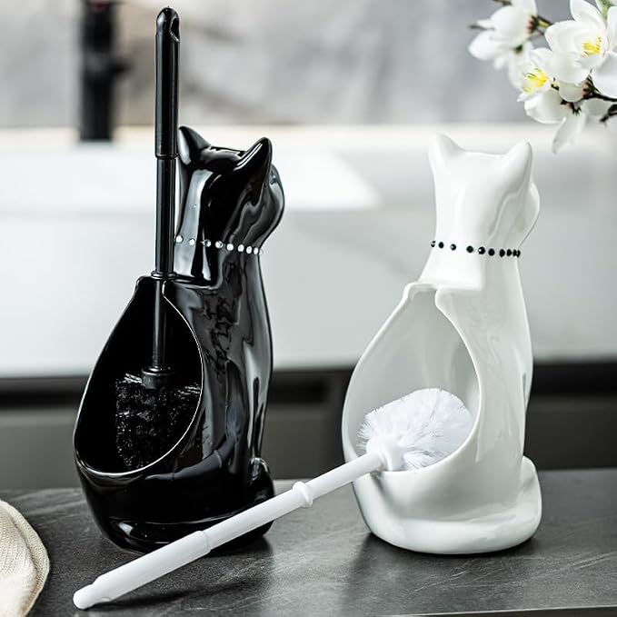 Comeon Ceramic Cat White/Black Toilet Brush and Holder Set, Plastic Handled - Image 9