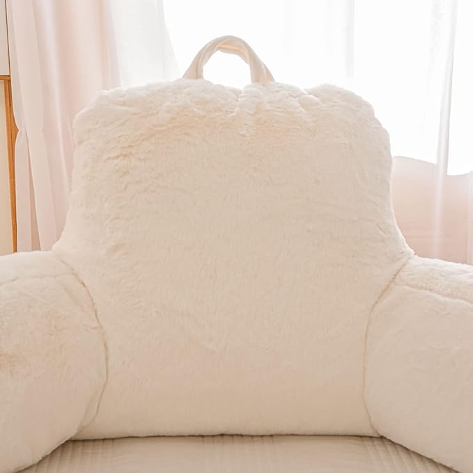 NTBED Faux Fur Reading Pillow Large Adult Teens Back Rest Pillow with Arms, Bedrest Pillow for Sitting Up in Bed (Ivory,Large)