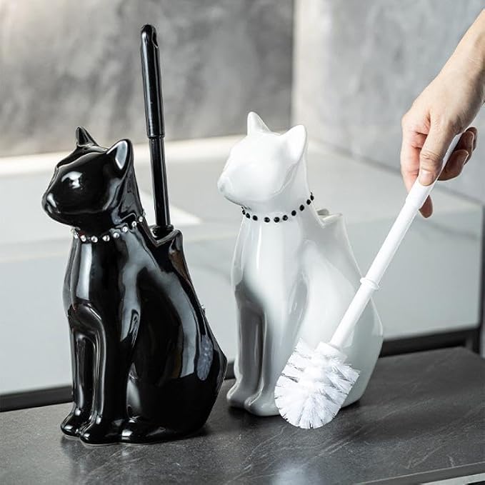Comeon Ceramic Cat White/Black Toilet Brush and Holder Set, Plastic Handled - Image 9