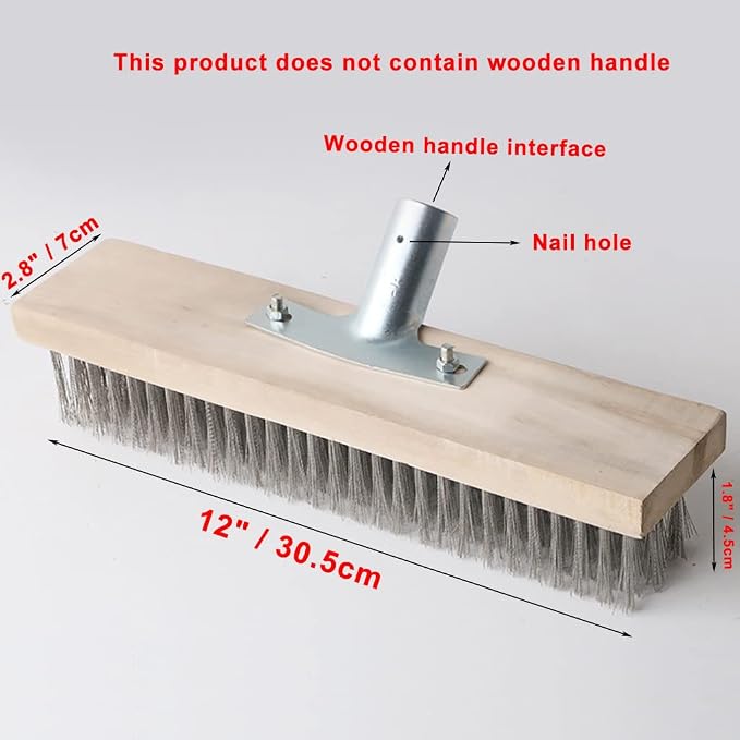 12" Heavy-Duty Rough Surface Floor Brush, Stainless Steel Wire Large Deck Scrub - Image 2