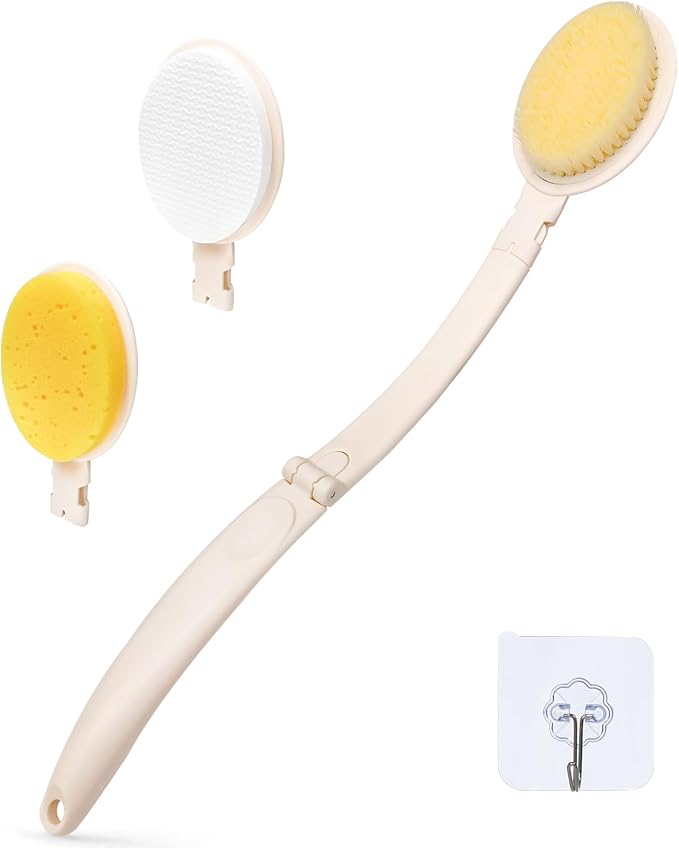 LFJ 19" Long Handle Shower Sponge Brush Set, 3 in 1 Body Brush, Bath Sponge and by LFJ
