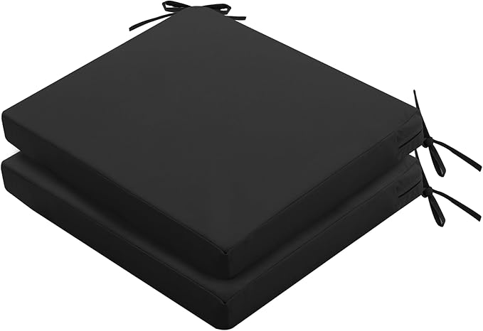 Outdoor Chair Cushions Set of 2: Waterproof & Fade Resistant Deep Seat Cushion for Patio Furniture - 24 x 24 x 3 Inch Chair Pads with Ties and Hidden Zipper - Patio Chair Cushion Replacement, Black