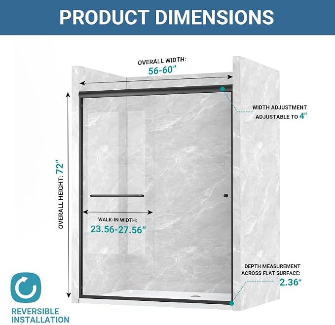 Glass Sliding Shower Door 56-60" W x 72" H, Semi Frameless Double Sliding - Image 7